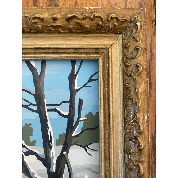 Vintage Paint By Number Winter Farm Landscape Scene In Ornate Gold Frame 20"x15" - Picture 5 of 8
